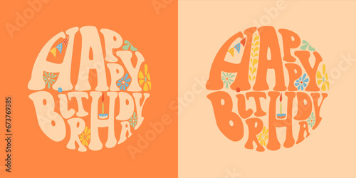 Canvas Print Groovy lettering Happy birthday in circle shape