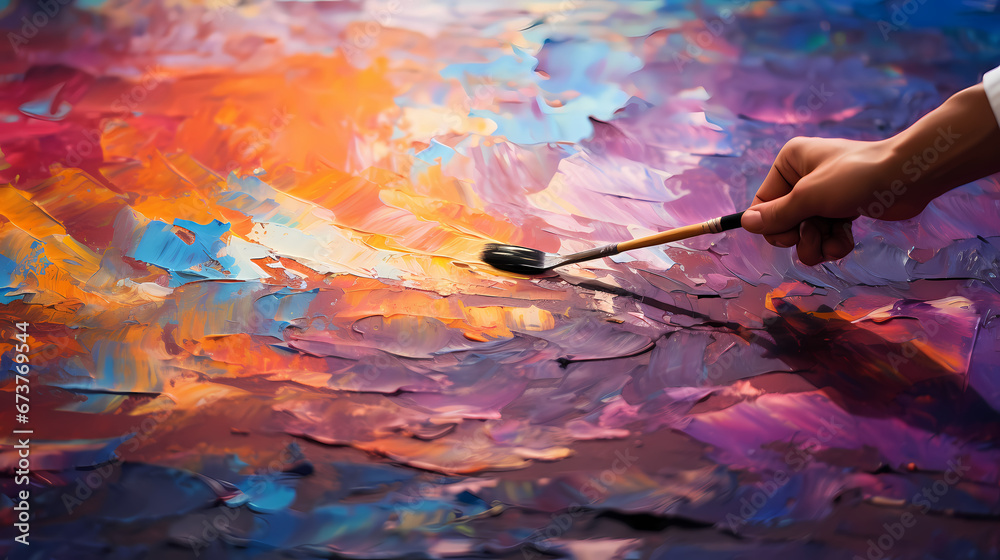 An extreme close-up of a painter’s brush as it glides across the canvas, blending vibrant colors to create the illusion of light in an impressionistic landscape painting