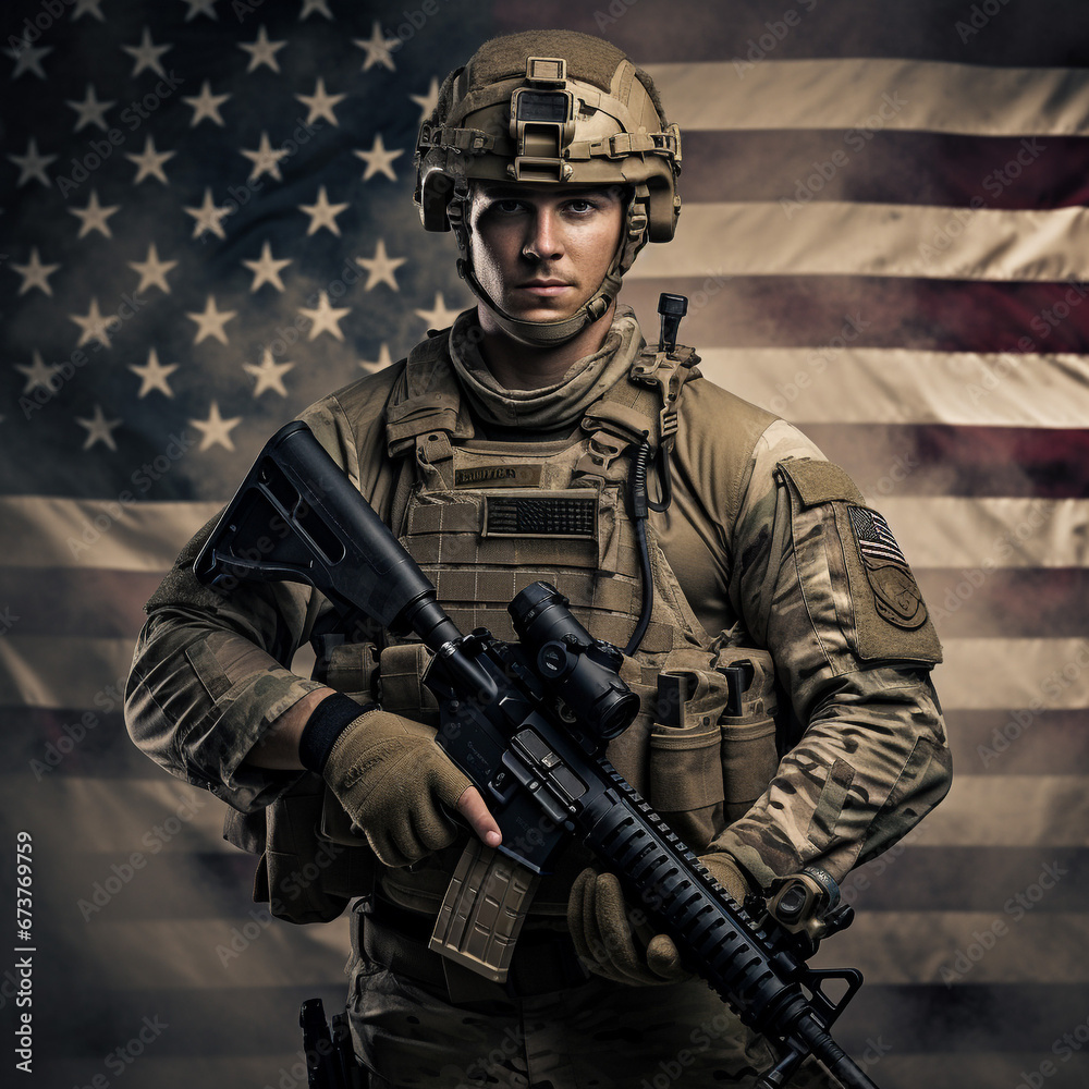 USA, American Army Soldier in full armor, against the background of the American flag. USA, American Army Soldier in full armor, against the background of the American flag.