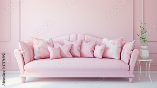 Pastel girly room with simple sofa with decorative pillows. generative ai © Witri