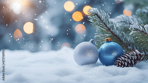 Blue Christmas balls with pine cones, spruce and fir branches on snow covered surface inside a winter forest and backlight in the background.