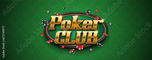 Poker club banner. Casino logo with table and poker chips. Vector illustration.