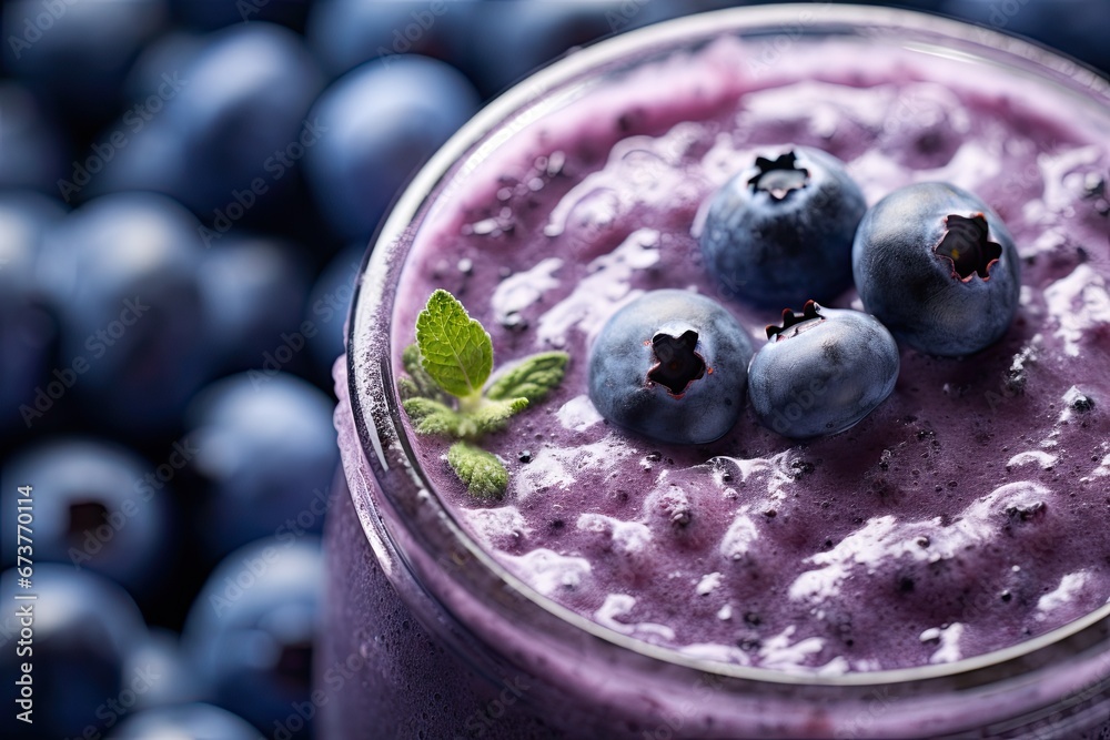 Close-up, macro shot of a refreshing frozen blueberry smoothie Close-up, macro shot of a refreshing frozen blueberry smoothie