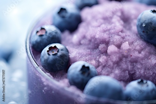 Close-up, macro shot of a refreshing frozen blueberry smoothie 