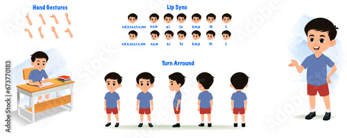  A student character model sheet. School boy creation set. Student turnaround sheet, hand gestures, lip sync