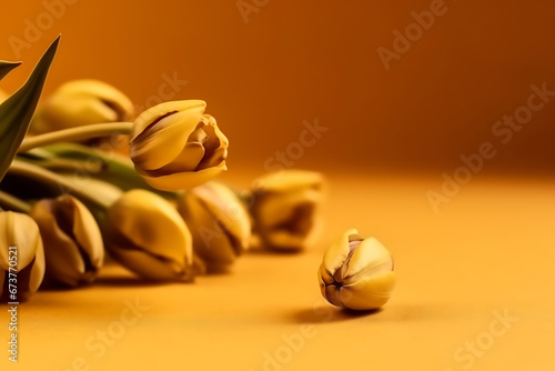 Dry tulips on yellow background