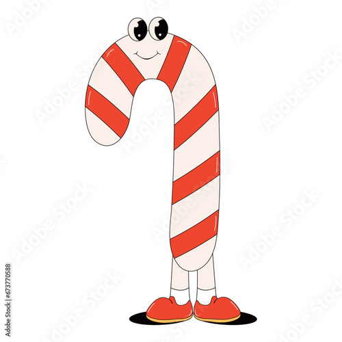 Red Christmas candy in trendy groovy retro cartoon style. Comic characters in trendy 70s cartoon style.Happy New year and Merry Christmas characters.70s Vibes groovy character.Funny retro christmas 