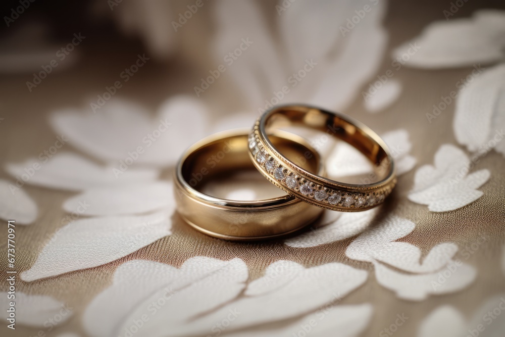 Elegantly Arranged Wedding Setup With Rings On Display Wedding Rings With Diamonds On The Table In Jewelry Store Bride And Groom With Classic Wedding Elements Elegantly Arranged Wedding Setup With Rings On Display Wedding Rings With Diamonds On The Table In Jewelry Store Bride And Groom With Classic Wedding Elements