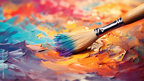 An extreme close-up of a painter’s brush as it glides across the canvas, blending vibrant colors to create the illusion of light in an impressionistic landscape painting