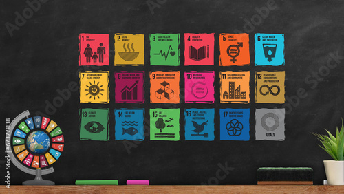 Sustainable Development global goals icon sketch on Blackboard of a school class room.  wooden frame black board. Corporate social responsibility. Corporate social responsibility. 