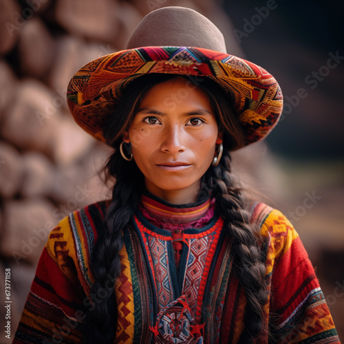 portrait of a traditional young Peruvian woman of the Quechua community in the Cusco region photo