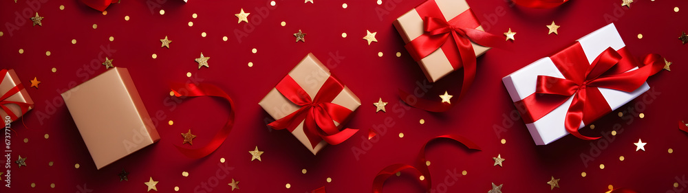 White Christmas gifts with red ribbons and decorations in a row on red abstract background. Horizontal composition, flat lay, top view.