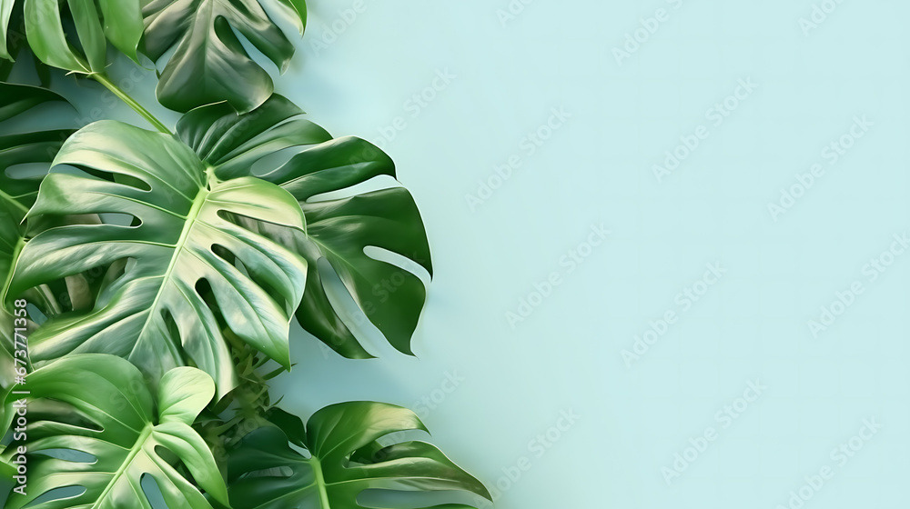 Creative arrangement of tropical monstera leaves against blue abstract wall background - obrazy, fototapety, plakaty 