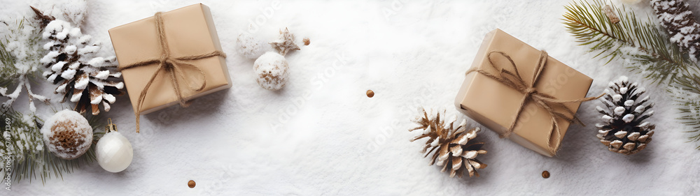 Rustic Christmas gifts with brown string, pine cones, spruce and fir branches and decorations in a row on white snowy abstract background. Horizontal composition, flat lay, top view, copyspace. Rustic Christmas gifts with brown string, pine cones, spruce and fir branches and decorations in a row on white snowy abstract background. Horizontal composition, flat lay, top view, copyspace.