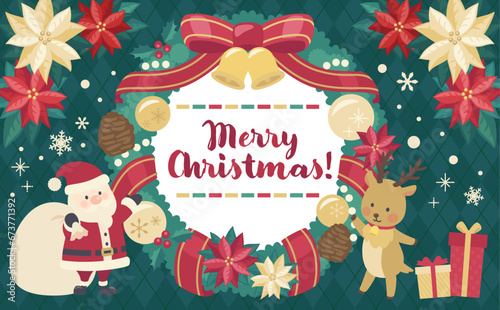 クリスマスリースのイラスト緑背景_横3