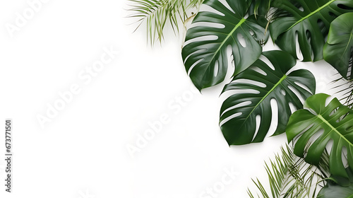 Creative arrangement of tropical monstera leaves against white abstract wall background