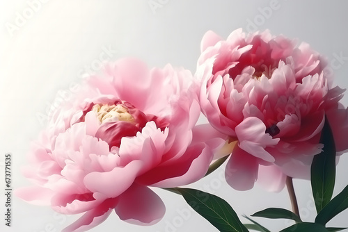 Beautiful pink peony flowers flying on light background