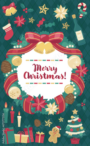 クリスマスリースのイラスト緑背景_縦5