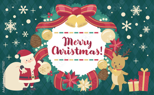 クリスマスリースのイラスト緑背景_横1