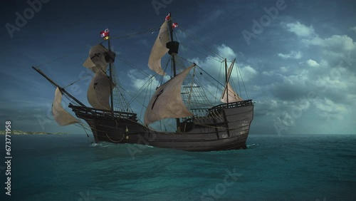 The NAO VICTORIA is the flag ship of MAGELLAN 's armada. A scientific approved 3D-reconstruction of a spanish galleon  built in 1520 AD. sails ahead of the global circumnavigational expedition. photo