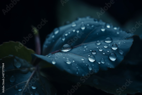 Drops of water on a large green leaf