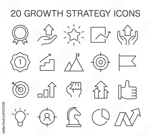Growth Strategy Icons set. Essential elements for corporate advancement and market success. Targets, achievements, and performance analysis. vector illustration