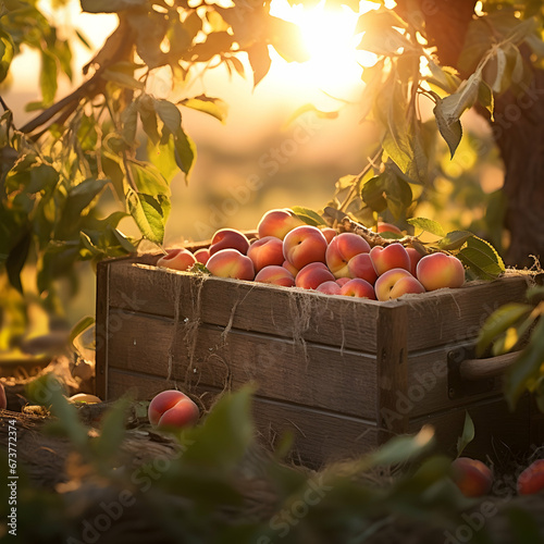 Peaches harvested in a wooden box with orchard and sunset in the background. Natural organic fruit abundance. Agriculture, healthy and natural food concept. Square composition. photo