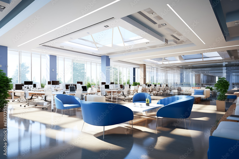 Modern white and blue open space office interior. Modern white and blue open space office interior.