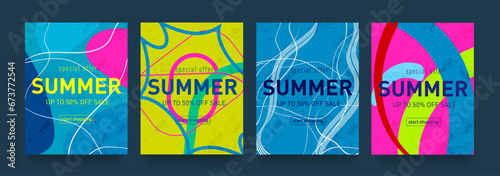 Summer Poster in Retro Set of Yellow, Pink, Blue, Colors. Abstract Background Geometric Figure Line for Advertising, Web, Social Media, Banner, Cover. Special 3d Offer 50%. Vector Illustration