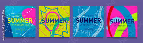 Summer Poster in Retro Set of Yellow, Pink, Blue, Colors. Abstract Background Geometric Figure Line for Advertising, Web, Social Media, Banner, Cover. Special 3d Offer 50%. Vector Illustration