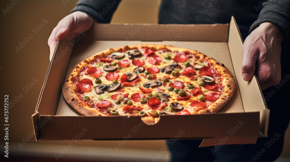 Hands holding a pizza box. Pizza is ready for delivery