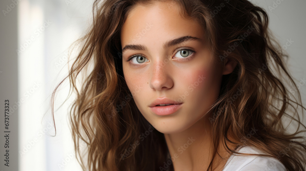 Fototapeta premium Close-up studio portrait of model. Clear backdrop. Fashion, Beauty concept.