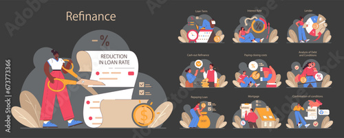 Refinance process dark or night mode set. Loan rate reduction to lender agreements. Debt obligation with better interest rate. Housing loan, real estate mortgage. Flat vector illustration