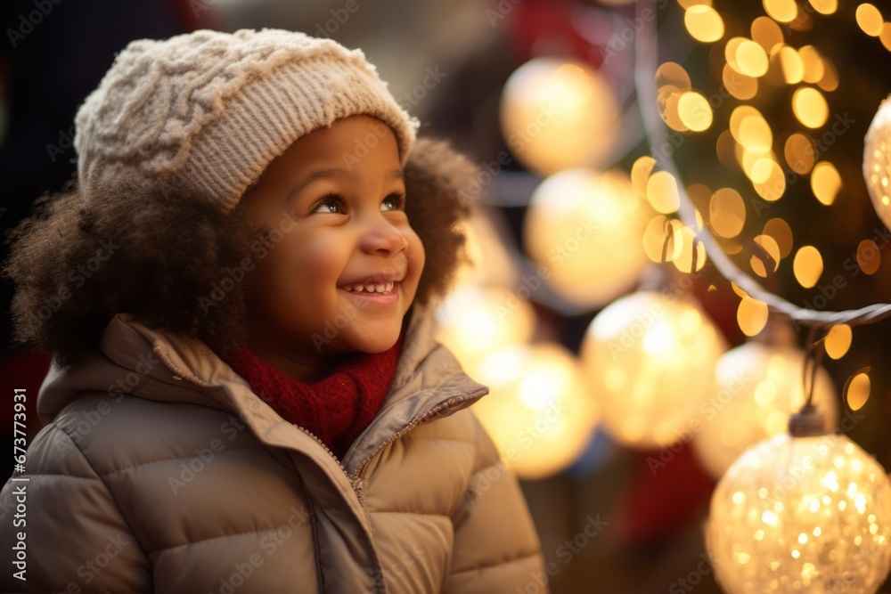 Little African American girl enjoying Christmas market decorations and lights Little African American girl enjoying Christmas market decorations and lights