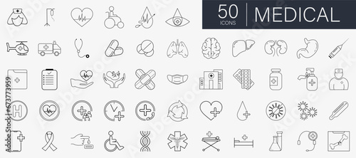 Medical Vector Icons in line design. Collection 50 Medical and Healthcare web icons