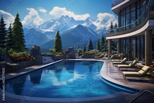 Pool at a luxury hotel with mountains at background at daytime