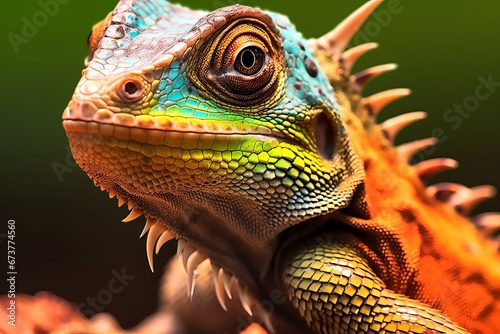 Psychedelic colored lizard portrait. Iridescent hyper detailed view