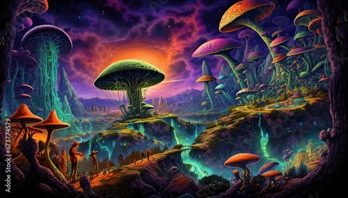 Against the backdrop of fantastic giant mushrooms, a group of middle-aged humanoid figures looks out onto a mysterious, brightly lit world.