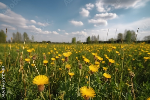 Banner panorama of wild flowers of daisies in a yellow summer field in nature.