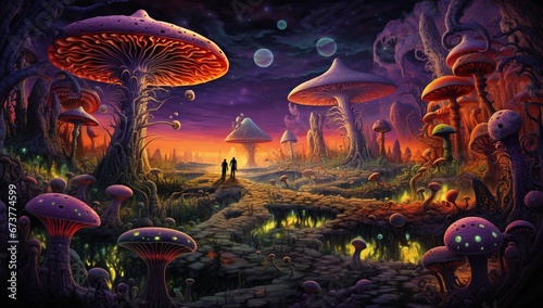Fantasy landscape filled with massive  unnaturally colored mushrooms and two human silhouettes in the foreground  evoking the atmosphere of an alien world.