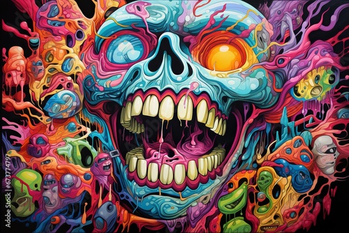 Abstract swirling art with vibrant colors depicting a sinister skull with a fiery mane in a fantasy style. © volga