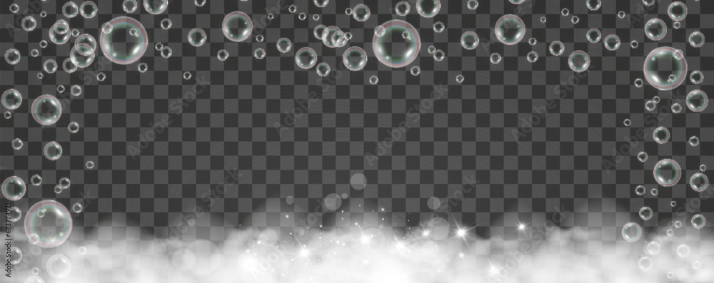 Air bubbles on a transparent background. Soap foam vector illustration.
Air bubbles on a transparent background. Soap foam vector illustration.