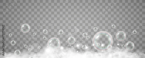 Air bubbles on a transparent background. Soap foam vector illustration.	

