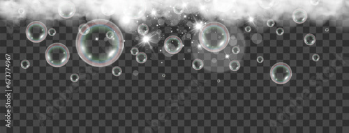 Air bubbles on a transparent background. Soap foam vector illustration.	

