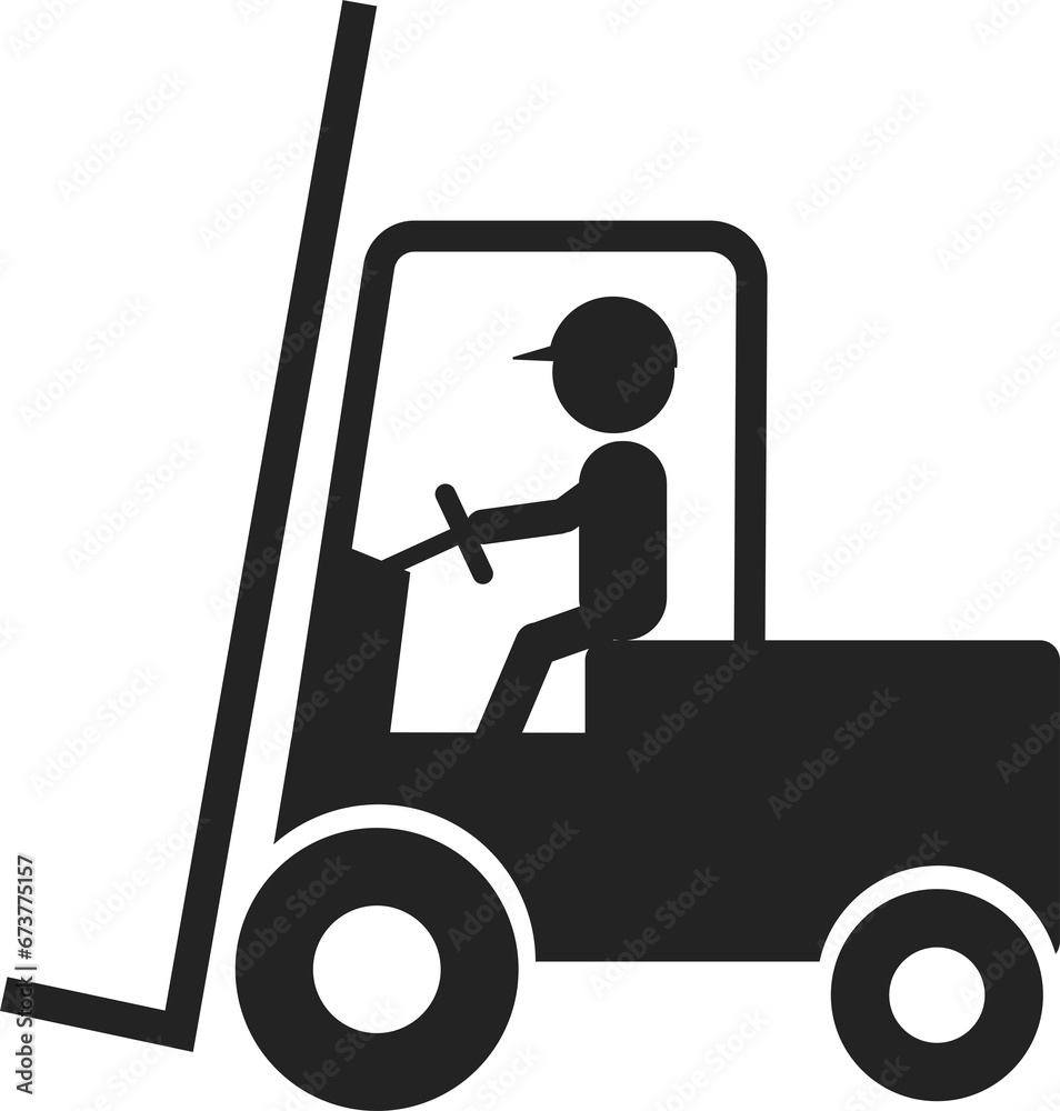Isolated icon of black pictogram forklift with stick figure driving and wear safety helmet