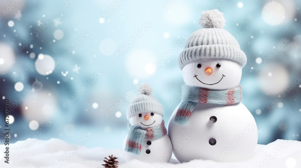 Snowman and little snowman together with wool beanie and scarf on snow while it snows. Copy space design