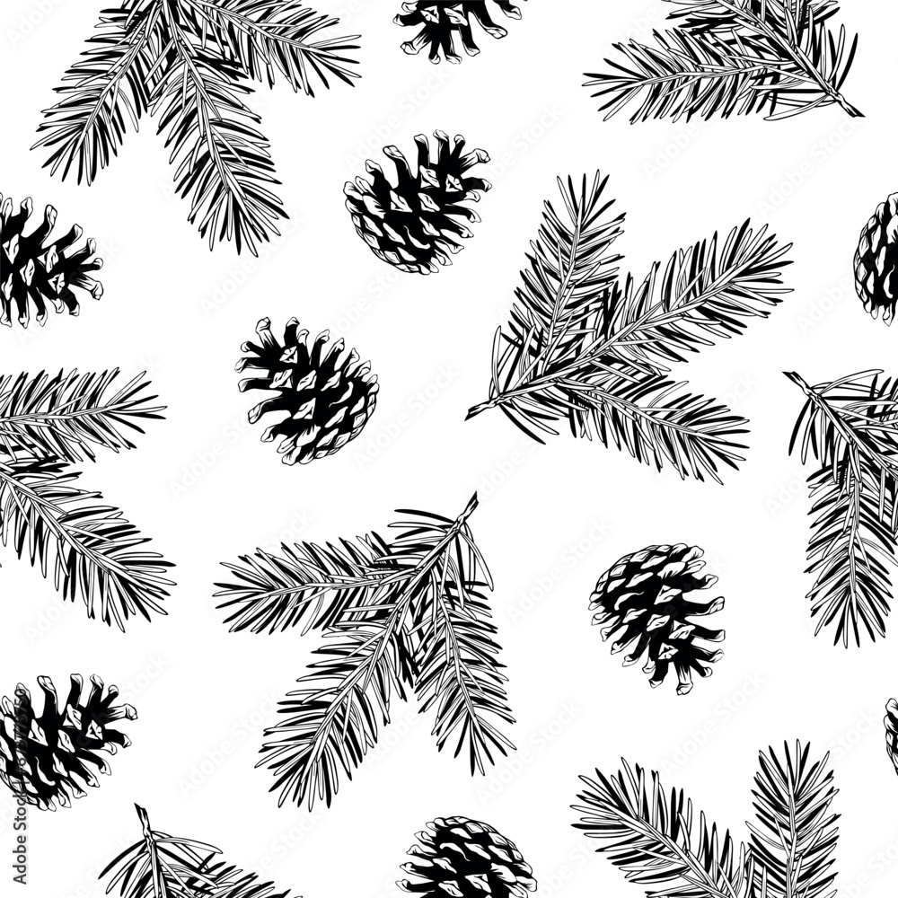 Vector black ink drawing style christmas wrapping paper design or seamless pattern with coniferous branches and pinecones on white background