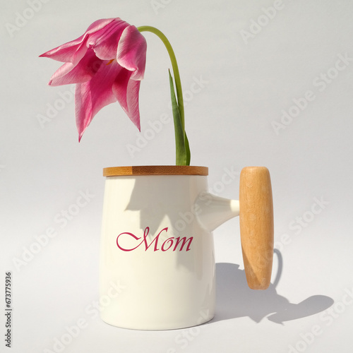 Creative layout for Mother's day made of white bamboo cup and pink tulip on gradient gray background. Minimal spring concept. Creative Mother's day idea. Love mom.