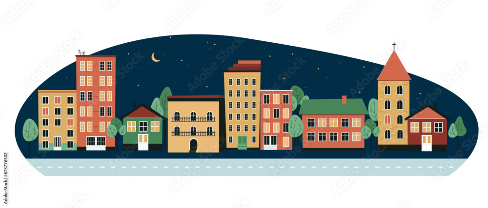 Night city, houses and buildings, trees near the roadway, starry night sky, Urban space. Vector flat illustration.