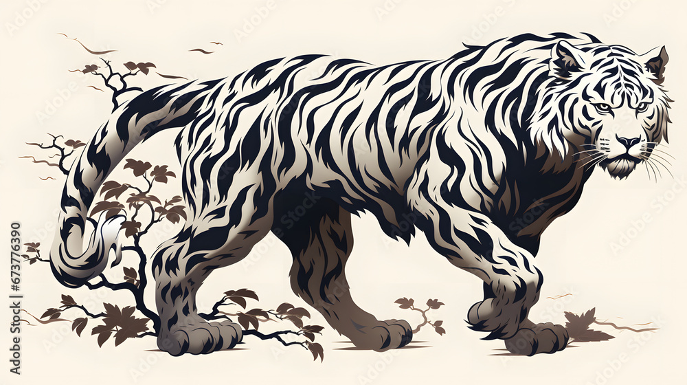 Black and white tiger in Chinese art style silhouette - Generated by AI Black and white tiger in Chinese art style silhouette - Generated by AI